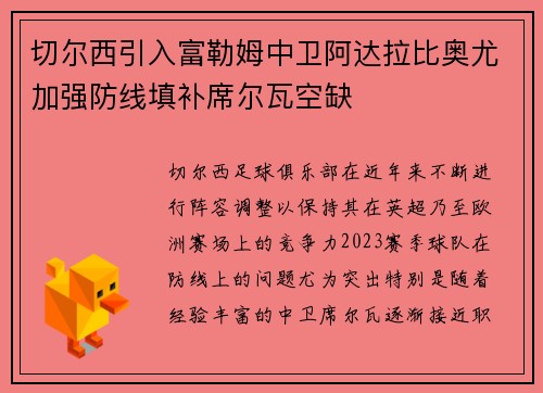 切尔西引入富勒姆中卫阿达拉比奥尤加强防线填补席尔瓦空缺